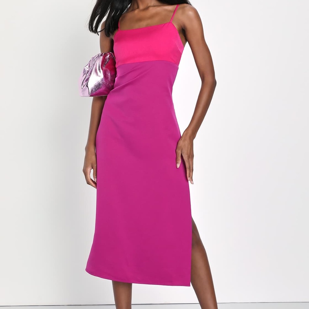 NWT Lulus Feeling Sensational Hot Pink and Magenta Color Block Midi Dress sz S